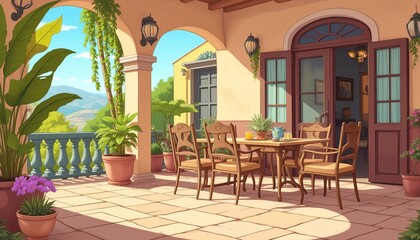 Fototapeta premium Sunlit patio scene with dining table, chairs, and vibrant potted plants. A peaceful outdoor setting that invites relaxation and enjoyment.