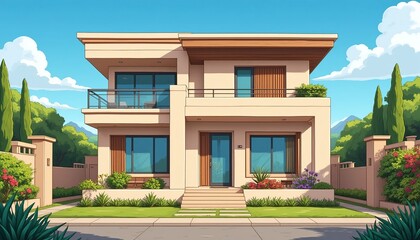 Fototapeta premium A modern two-story house with a flat roof, neutral tones, and manicured landscaping, set against a clear blue sky with light clouds.