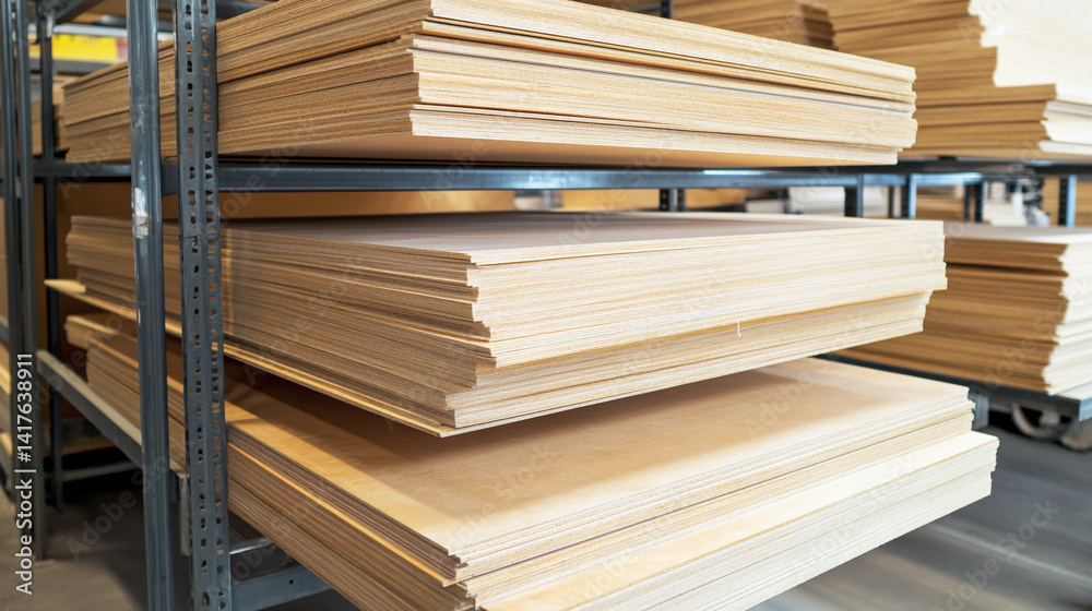 Poster stacks of plywood sheets neatly organized on metal racks generative ai