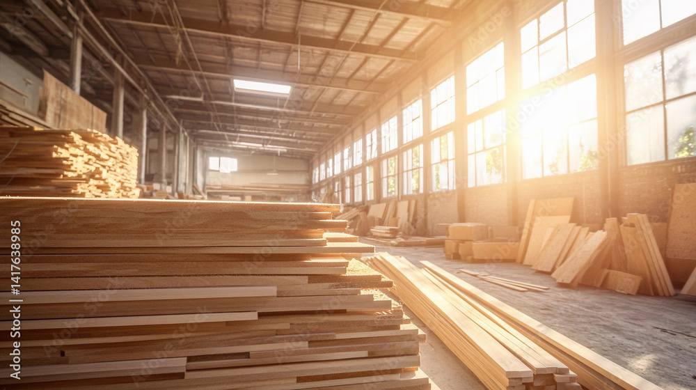 Poster sunlit carpentry workshop filled with untreated wood stacks generative ai