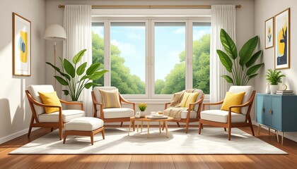 Sunlit living room with four armchairs around a small coffee table and a large window looking out to a lush green landscape.