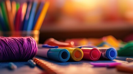 Obraz premium Colorful markers, yarn, and pencils on a desk at sunset