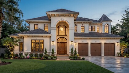 Elegant two-story house with stucco siding, dark roof, and archway. A luxurious residence surrounded by a manicured lawn and lush landscaping.