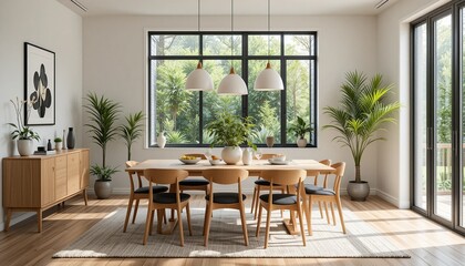 Obraz premium Bright dining room with natural light, wooden table and chairs, neutral tones, and indoor plants creating a serene and inviting atmosphere.