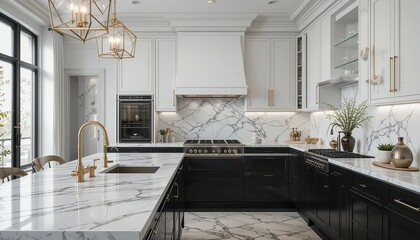 Luxurious kitchen featuring white and black cabinetry, marble countertops and backsplash, and gold fixtures with pendant lighting overhead.