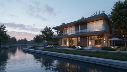 Obraz premium Waterfront modern house with serene views, perfect for relaxing by the lake. Tranquil living at its finest with stylish architecture.