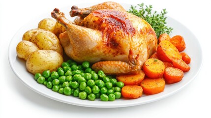 A roasted chicken served with potatoes, carrots, and peas on a white plate, creating a classic and comforting meal.