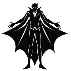 Silhouette of a vampire with cape spread, standing tall, Halloween icon style on white background