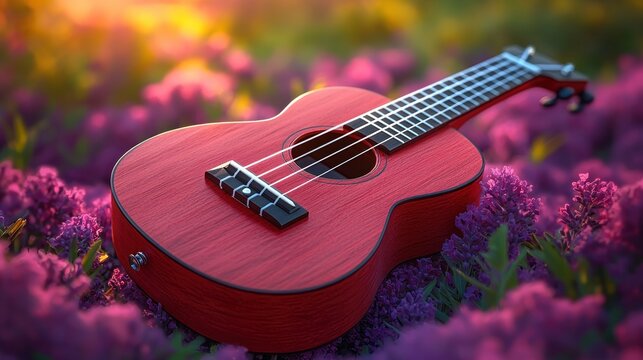 A vibrant red ukulele resting on a bed of colorful flowers during sunset - Powered by Adobe