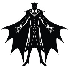 Silhouette of a vampire with cape spread, standing tall, Halloween icon style on white background