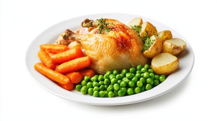 A roasted chicken served with potatoes, carrots, and peas on a white plate, creating a classic and comforting meal.