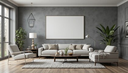 A serene living room featuring modern furniture, large artwork, and natural light. Neutral tones create a calming atmosphere.