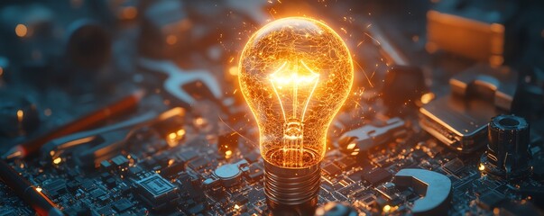 Lightbulb radiating energy, encircled by wrenches, circuits, pencils, and AI chips, symbolizing innovation, futuristic digital composition, 4K generative AI render