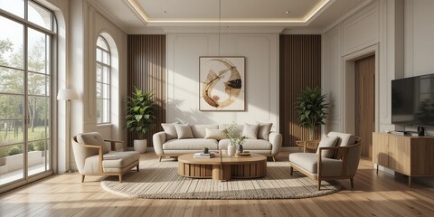 Bright living room with neutral furniture, wooden accents, and abundant natural light creating a welcoming and stylish interior.