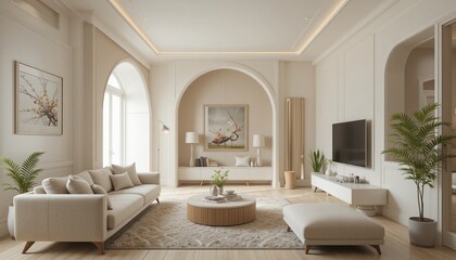Fototapeta premium A bright living room with neutral tones, featuring an arched entryway, modern furniture, and natural lighting, creating a calm atmosphere.