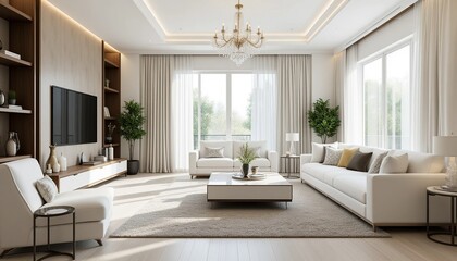 Fototapeta premium Bright living room with white sofas, a chandelier, and natural light streaming through large windows. A modern, airy space.