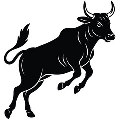 Black silhouette of a Brahman cow jumping, with its distinctive hump