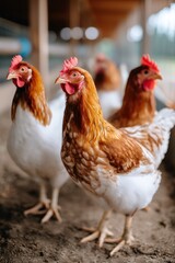 Fototapeta premium Chickens in barn, pecking, farming, poultry farm, animal husbandry, livestock