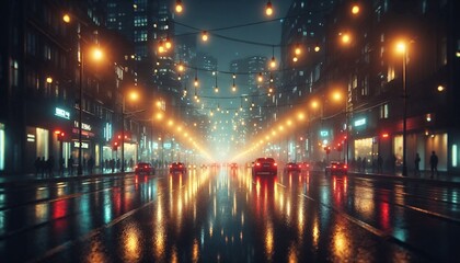 Obraz premium Urban street at night glowing with reflections and lights 