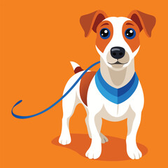A Jack Russell Terrier proudly holds a blue leash in its mouth against a vibrant orange background.