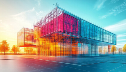 Obraz premium Architectural visualization of modern building with vibrant colors and intricate design elements