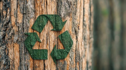 Fototapeta premium Green Recycling Symbol on Tree Bark Representing Eco-Friendly Practices in Nature Conservation Efforts