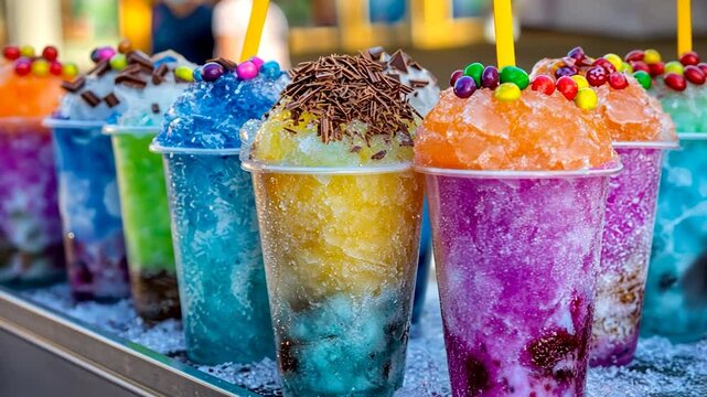 Colorful shaved ice treats for sale at a street vendor