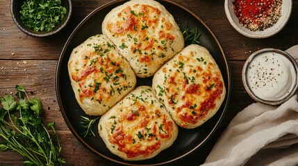 Freshly Baked Cheese Bread Rolls with Herbs on Rustic Wooden Table