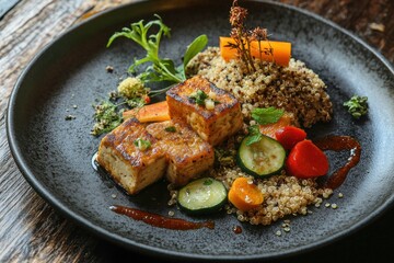 Grilled tofu and quinoa salad with vegetables on black ceramic plate