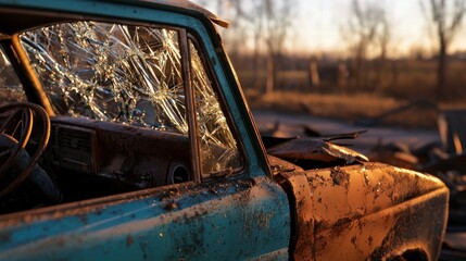 Fototapeta premium Broken car window, accident scene, rural road, sunset
