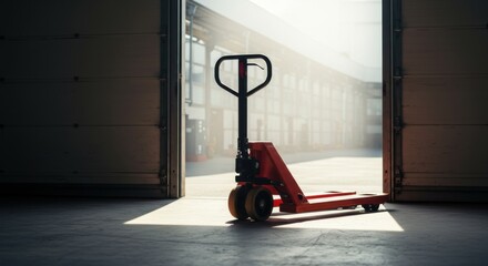Red Pallet Truck at Warehouse Entrance