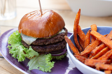 Burger with sweet potato fries.