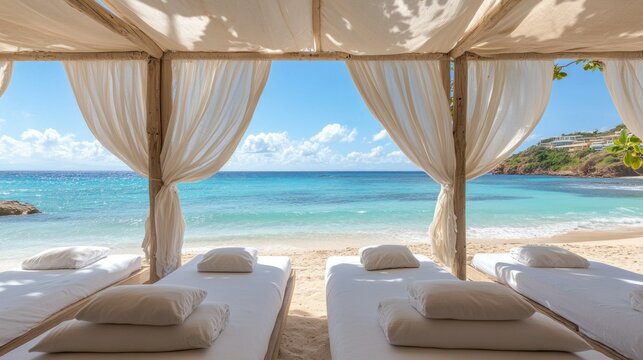 Tropical beach spa cabana relaxation overlooking turquoise water