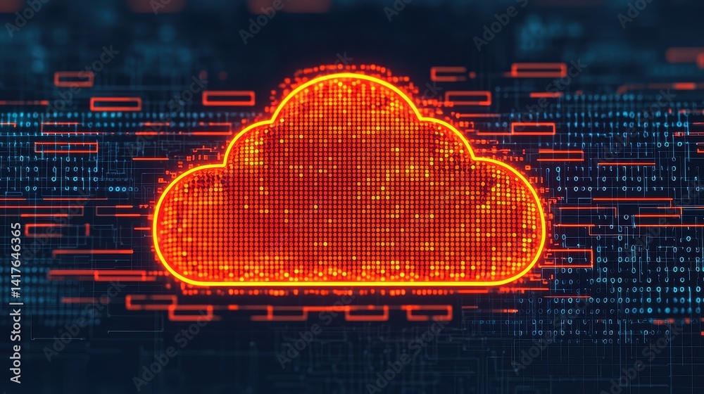 Poster digital cloud icon with abstract binary background and futuristic glow effect for technology concept
