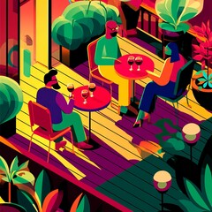 People clinking glasses with wine on the summer terrace of cafe or restaurant