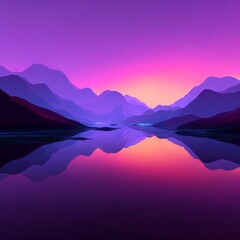 3d render, abstract minimalist geometric background. Surreal violet sunset landscape with hills, round glass shape and reflection in the mirror water surface. Futuristic aesthetic wallpaper