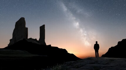 Man Contemplating Landscape Under Starry Sky: A lone figure stands silhouetted, lost in contemplation.