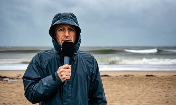 Middle-aged man in raincoat reporting on stormy beach with high waves