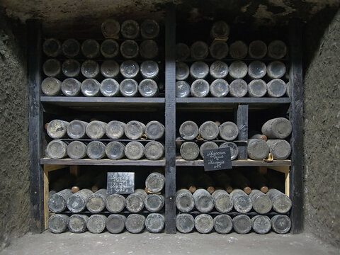 Bottles with rare wines in the cellar of Massandra winery, Crimea