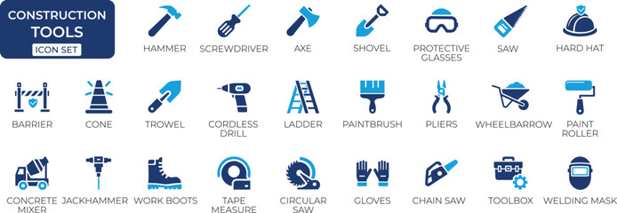 Obraz premium Construction tools solid icon set for building equipment, hardware, home renovation, DIY projects, masonry, and industrial work symbols.