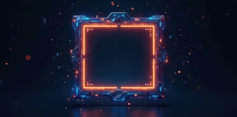 Futuristic glowing blue and orange tech frame surrounded by holographic display on black background, abstract , neon lights