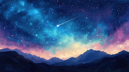 Starry Night Sky Over Mountain Range with Shooting Star and Colorful Cosmic Background