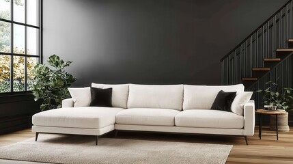 Modern White Couch in Stylish Living Room with Dark Wall Accent