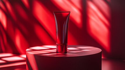Red sunscreen tube displayed on a round podium, symbolizing sun protection and skincare awareness