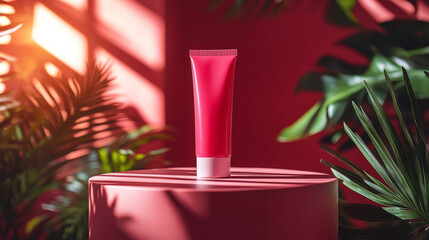 Red sunscreen tube displayed on a round podium, symbolizing sun protection and skincare awareness