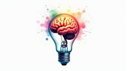 Conceptual Watercolor Painting of a Brain Encased in a Light Bulb Highlighting Intelligence and Creativity