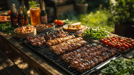 Top-down view of assorted barbecue dishes and drinks on a picnic table, ideal for summer gatherings