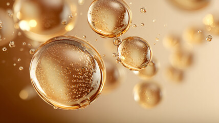 Fototapeta premium Macro 3D render of translucent golden oil bubbles suspended in air, with delicate internal texture and light reflections, set against a soft beige background. Elegant and luxurious feel.