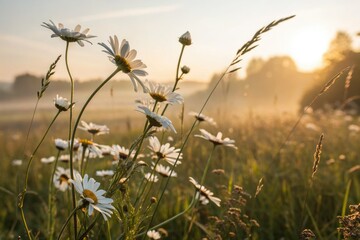 Obraz premium Golden daisies fill a sun-drenched meadow; bokeh background, perfectly framed.