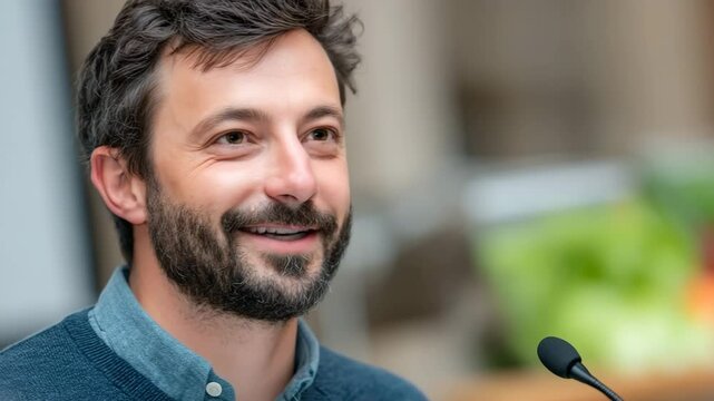 Enthusiastic Orator: A poised individual, microphone in hand, captivates with an engaging presentation, their expressive face conveying a sense of genuine conviction and captivating focus.